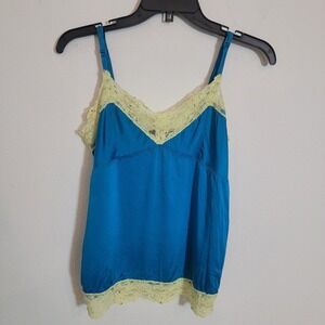 Vintage Y2K Babydoll Silk Lace Moda International Blue Tank Cami Top Sz Small